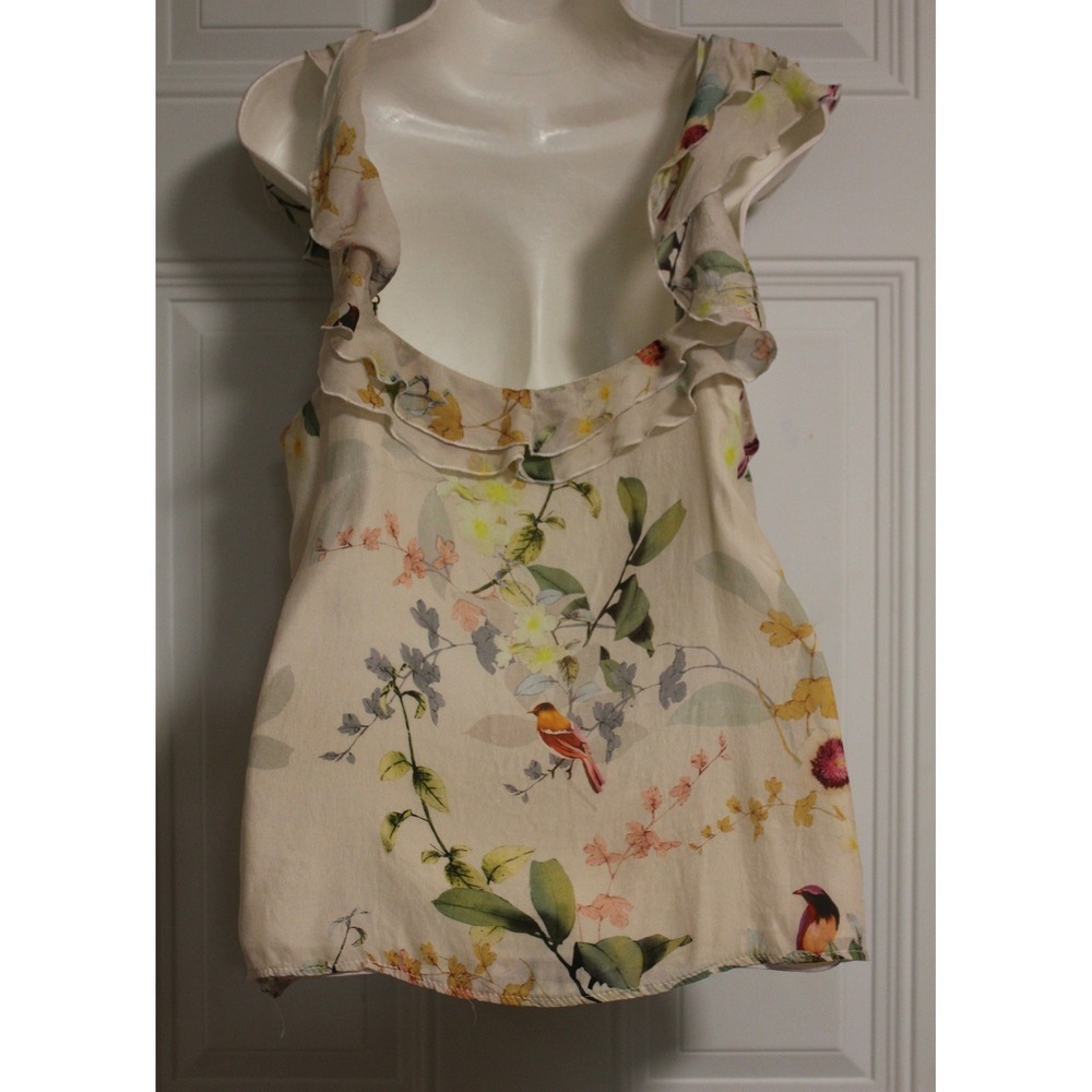 Lisa & Lucy Floral Bird Print Ruffle V-Neck Camisole Tank Top Cream Size M - Picture 4 of 11